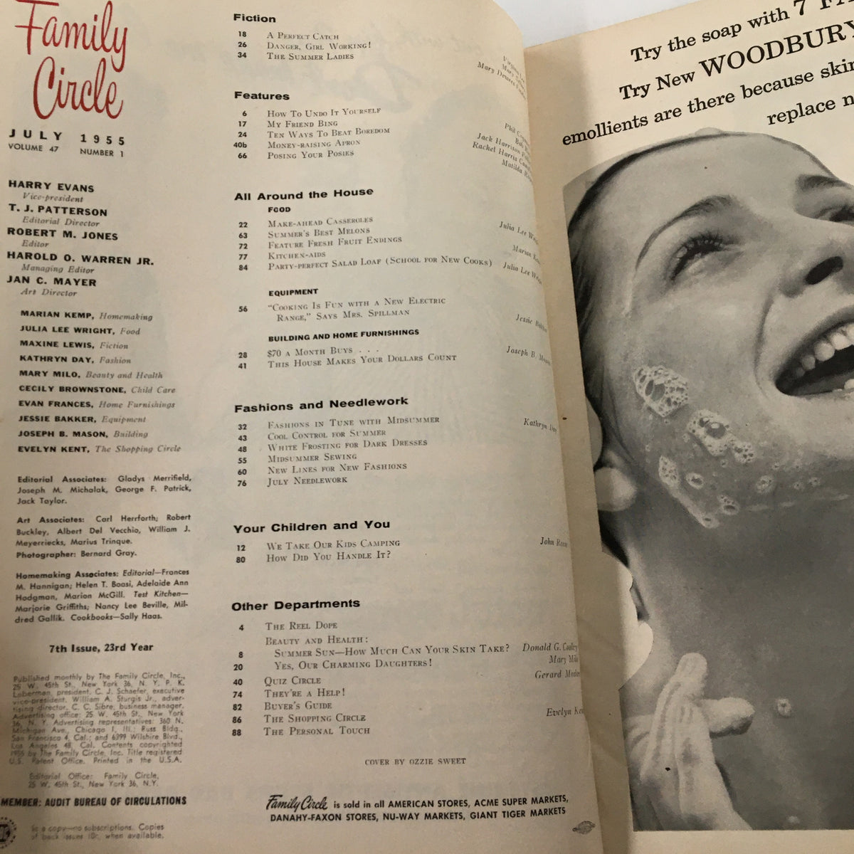 Inside page of VTG Family Circle Magazine July 1955 displaying the contents, including the article 'My Friend Bing' by Bob Hope, along with other featured sections.