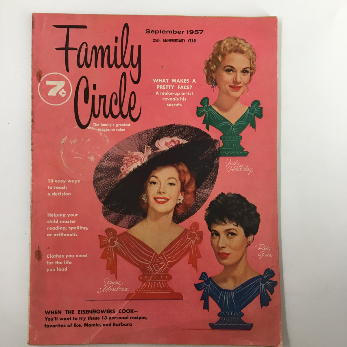 Vintage Family Circle Magazine September 1957 cover featuring Judy Holliday and Rita Gam with an article about beauty secrets and life advice.