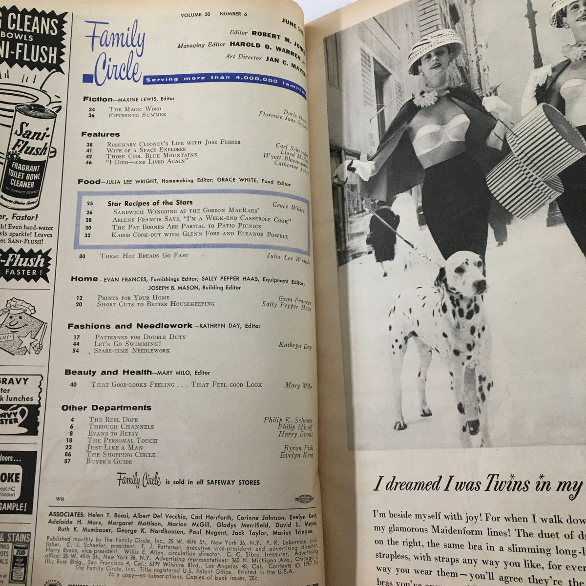 Interior page of VTG Family Circle Magazine June 1957 displaying contents and featured articles including star recipes and profiles, with a classic black and white photo.