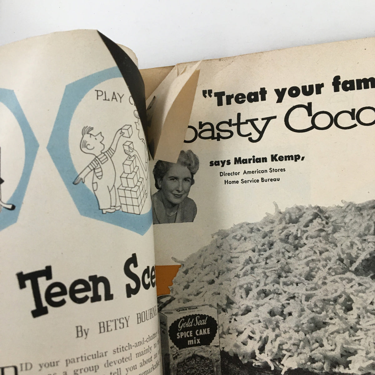 Interior page from Vintage Family Circle Magazine April 1954 with an article about treating family with tasty recipes.