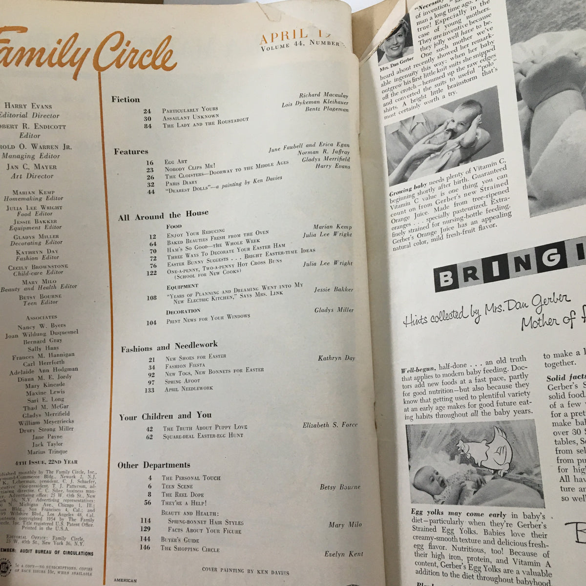Table of contents page from Vintage Family Circle Magazine April 1954 listing various features including egg-decorating ideas.