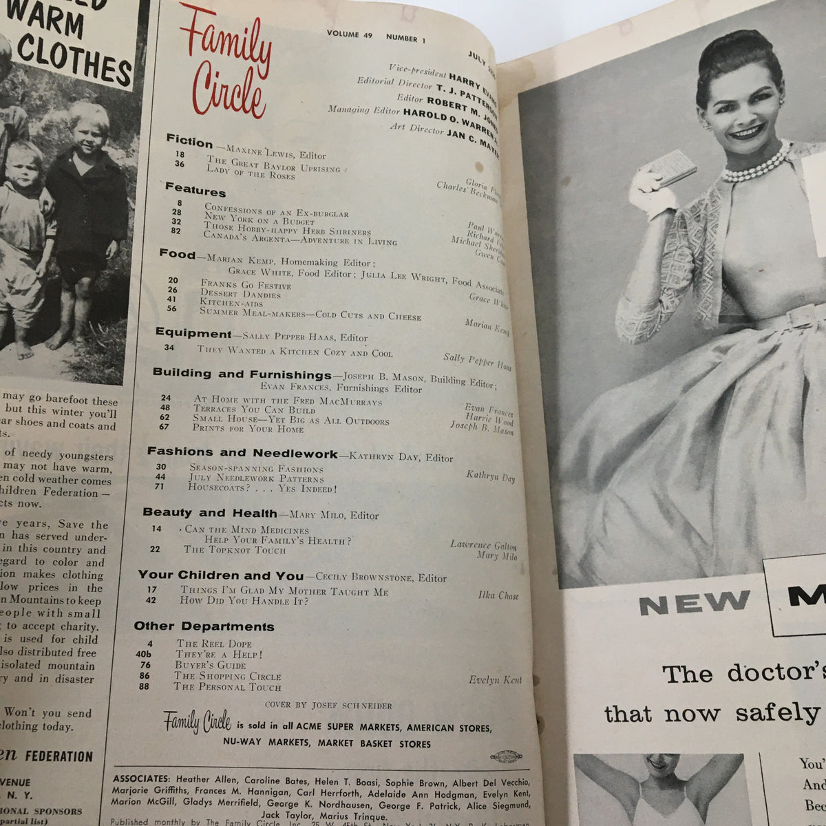Interior page from VTG Family Circle Magazine July 1956 showcasing the table of contents and editorial details.