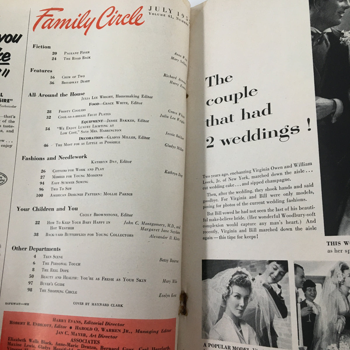 Interior page of Family Circle Magazine from July 1952, showing contents and features including the 'Cool-As-A-Breeze Fruit Plates' recipe, titled 'VTG Family Circle Magazine July 1952 Cool-As-A-Breeze Fruit Plates No Label'.