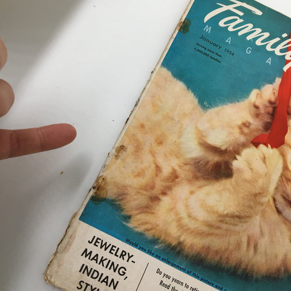 Close-up of the cover of the VTG Family Circle Magazine January 1954 showing detailed design and text highlighting 'The Truth About Adoption'. A nostalgic piece of family history.