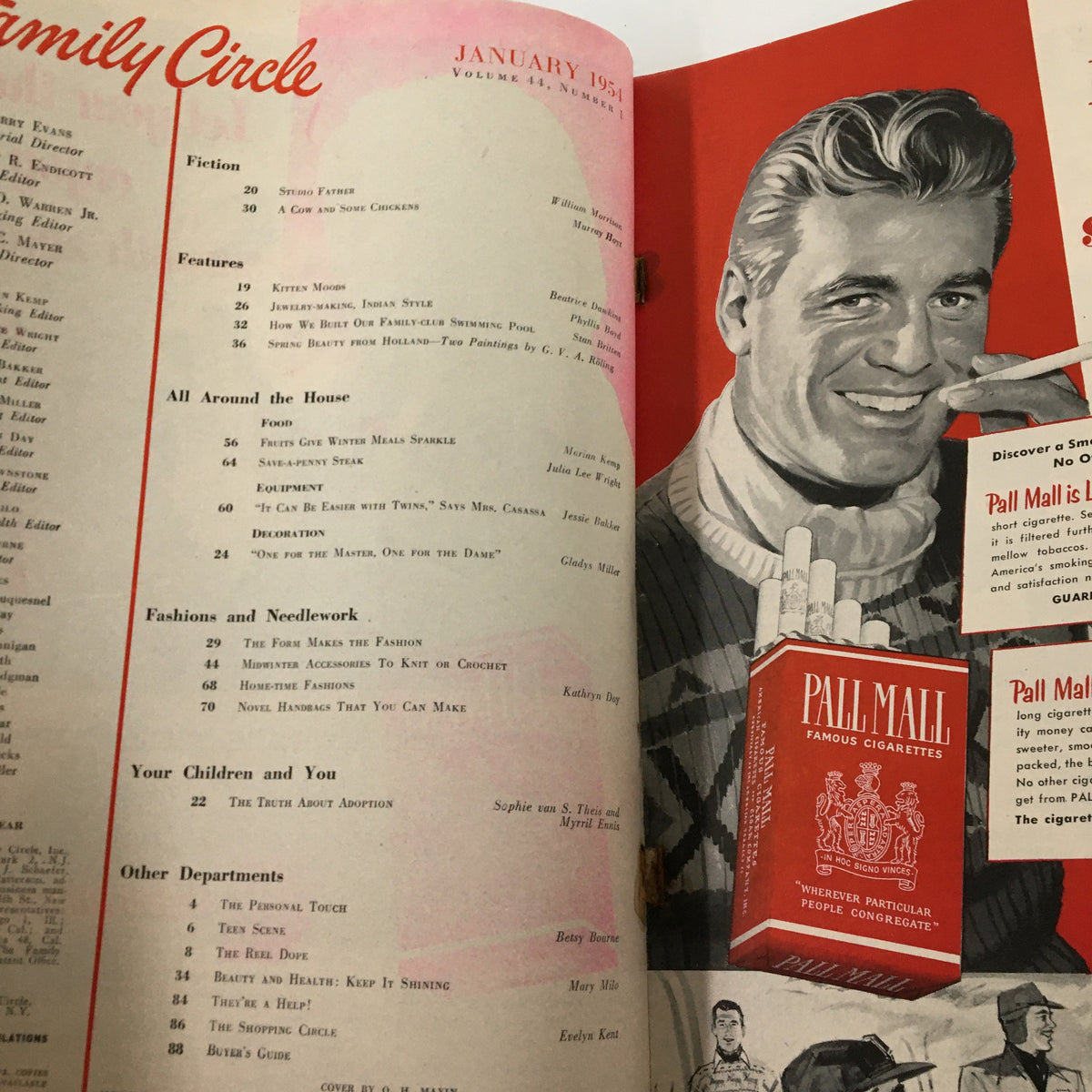 Inside page of the VTG Family Circle Magazine January 1954 displaying a table of contents and advertisements, reflecting mid-20th century family dynamics and trends.