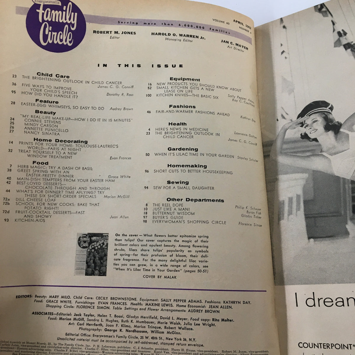 Interior page of VTG Family Circle Magazine April 1962 displaying the table of contents with various topics including fashion, gardening, and health.