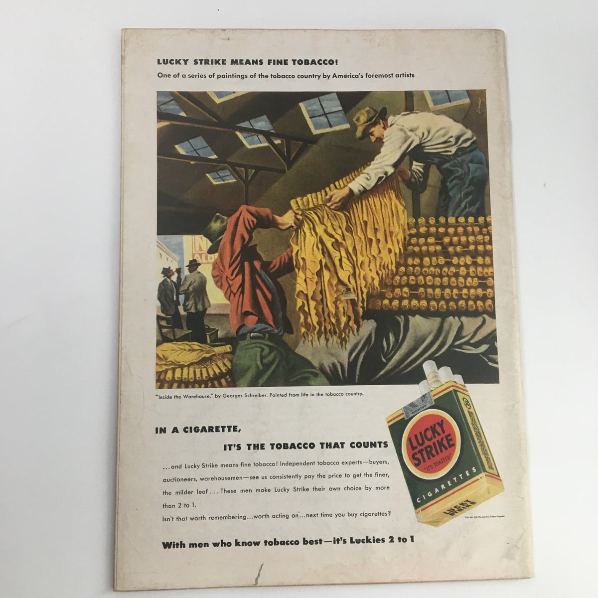 Back cover of Time Magazine August 3 1942 showing a Lucky Strike advertisement, highlighting tobacco processing.