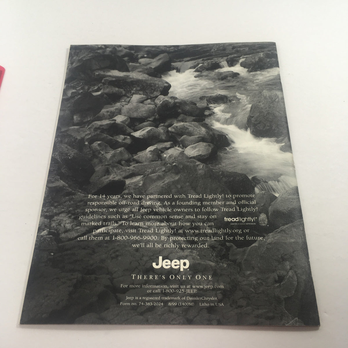 Back page of the 2000 Jeep Cherokee, Grand Cherokee Wrangler Dealership Car Auto Brochure Catalog with a message promoting off-road driving safety and awareness.