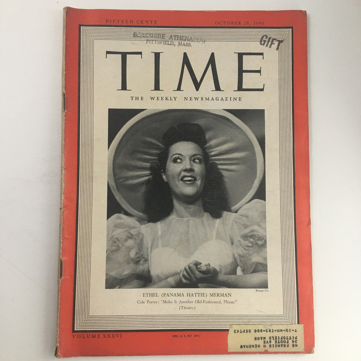 Time Magazine cover from October 28, 1940, featuring American actress Ethel Merman, known for her theatrical performances.