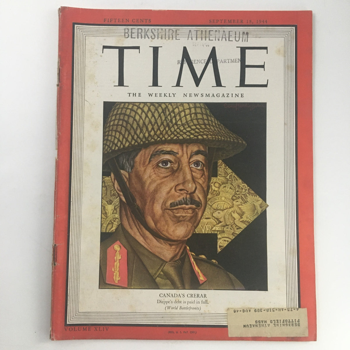 Time Magazine September 18 1944 Vol 44 #12 featuring General Harry Crerar of Canada on the cover, showcasing military imagery and historical context from World War II.