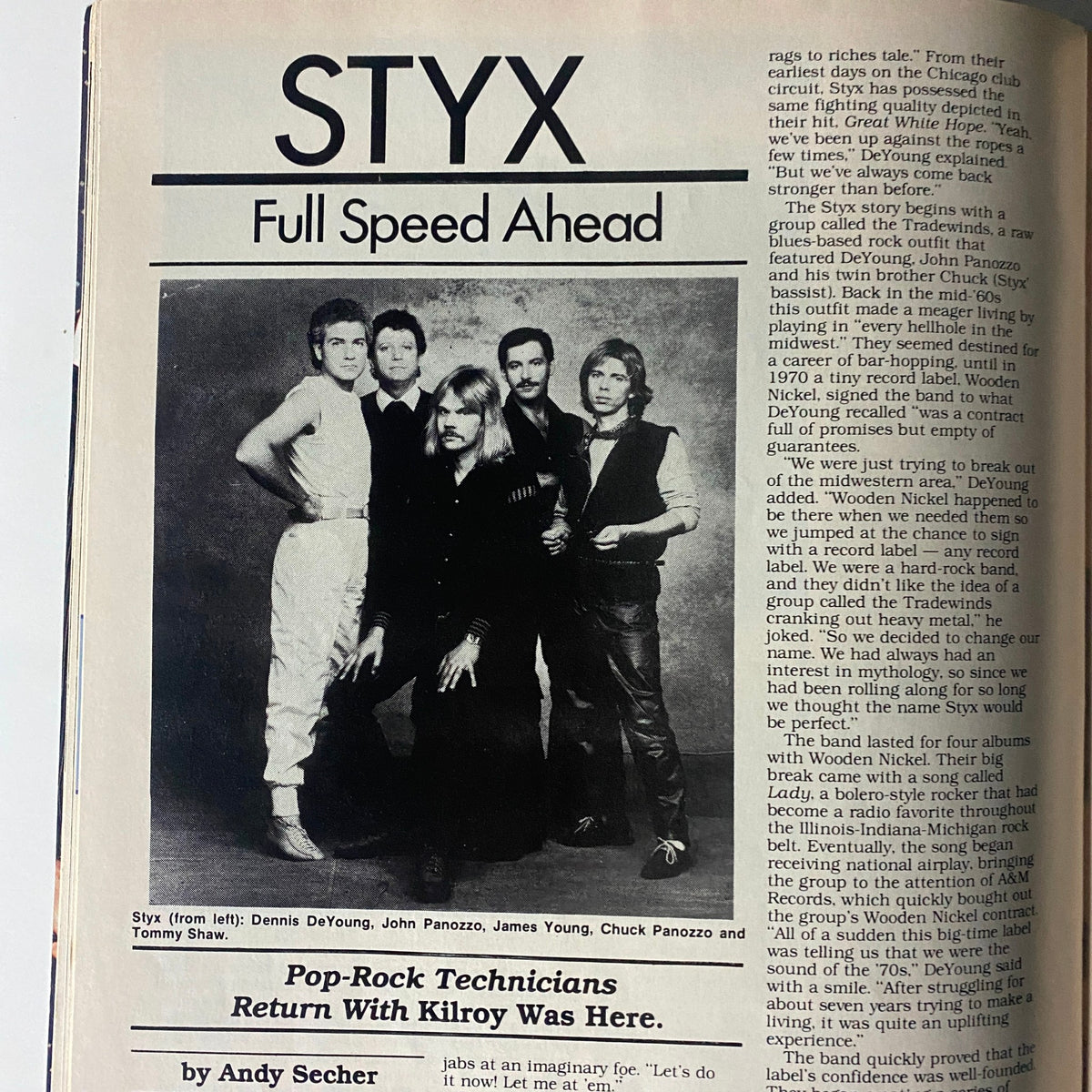 Feature article page from Hit Parader Yearbook Fall 1983 showcasing Styx with a photo of the band members and discussing their journey in the music industry.
