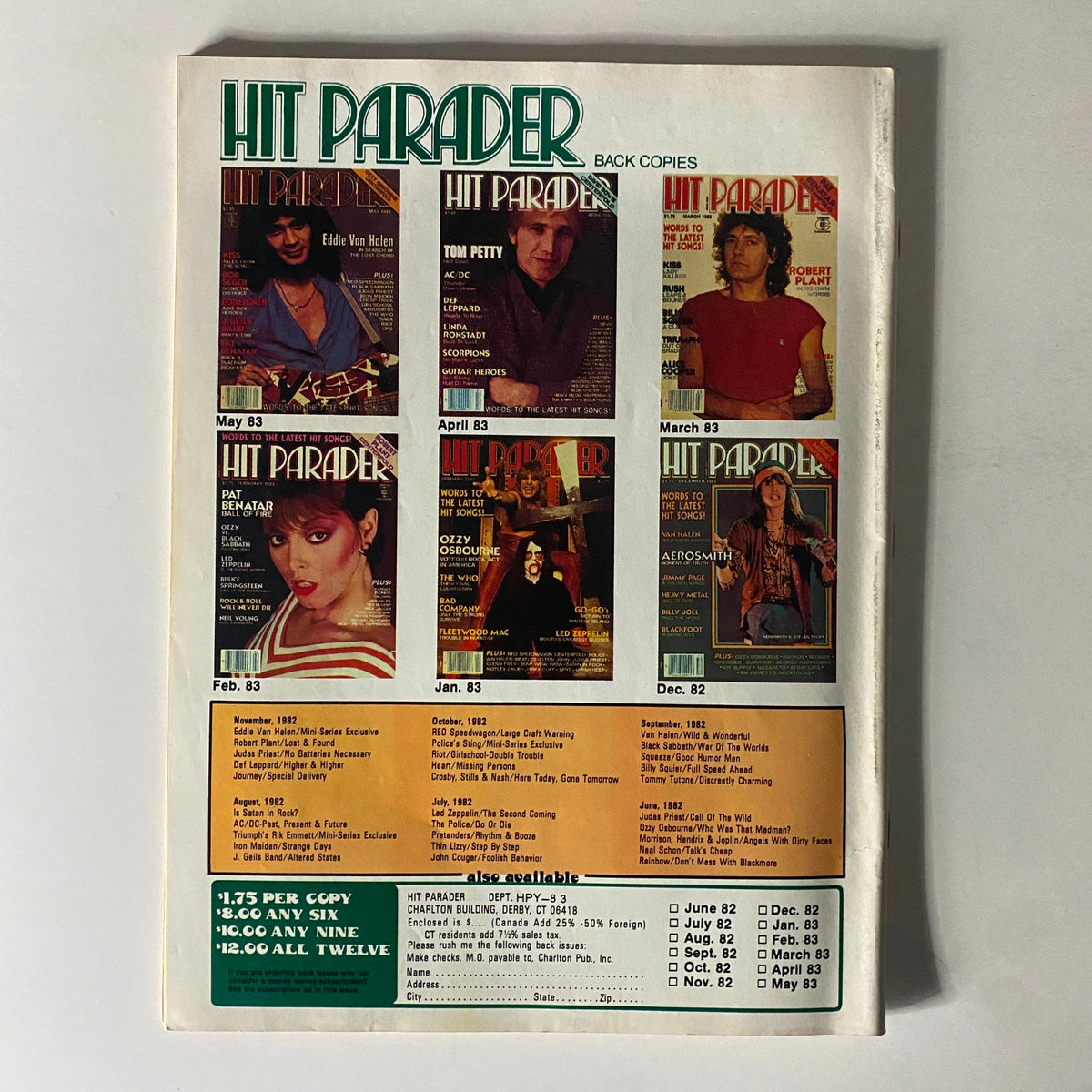 Back cover of Hit Parader Yearbook Fall 1983 featuring Pat Benatar, Angus Young, David Lee Roth, and other notable artists. Includes listings of past magazine issues with cover images and subscription details.