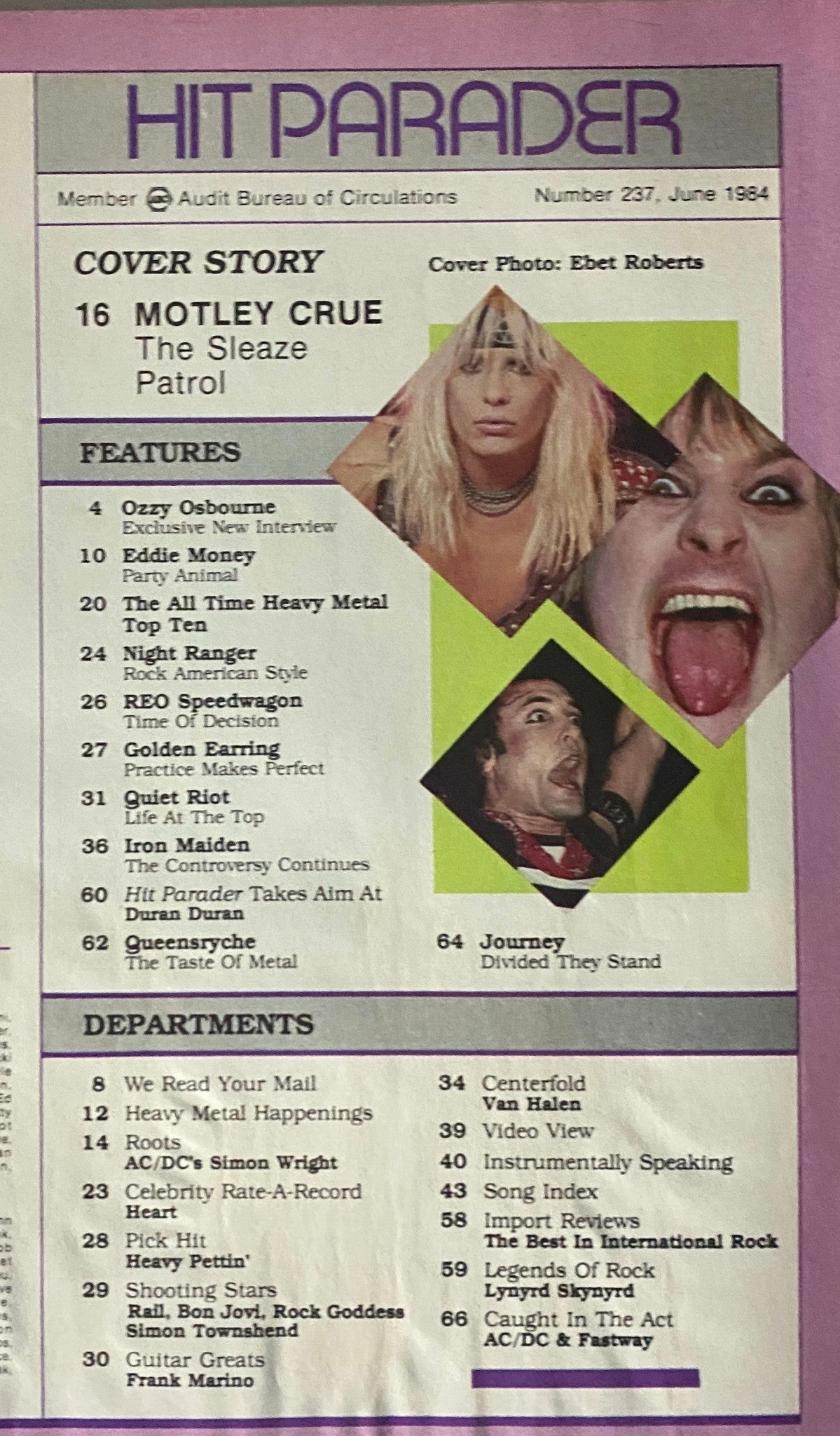 Table of contents from Hit Parader Magazine June 1984, highlighting features on Mötley Crüe, Ozzy Osbourne, and other popular music artists with detailed articles.
