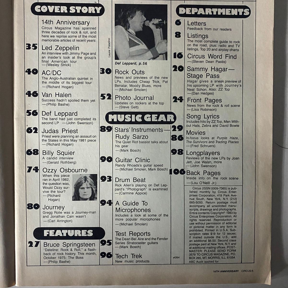 Contents page of Circus Magazine October 31, 1983, highlighting the cover story, music gear features, and exclusive interviews with rock legends including Def Leppard and Ozzy Osbourne.