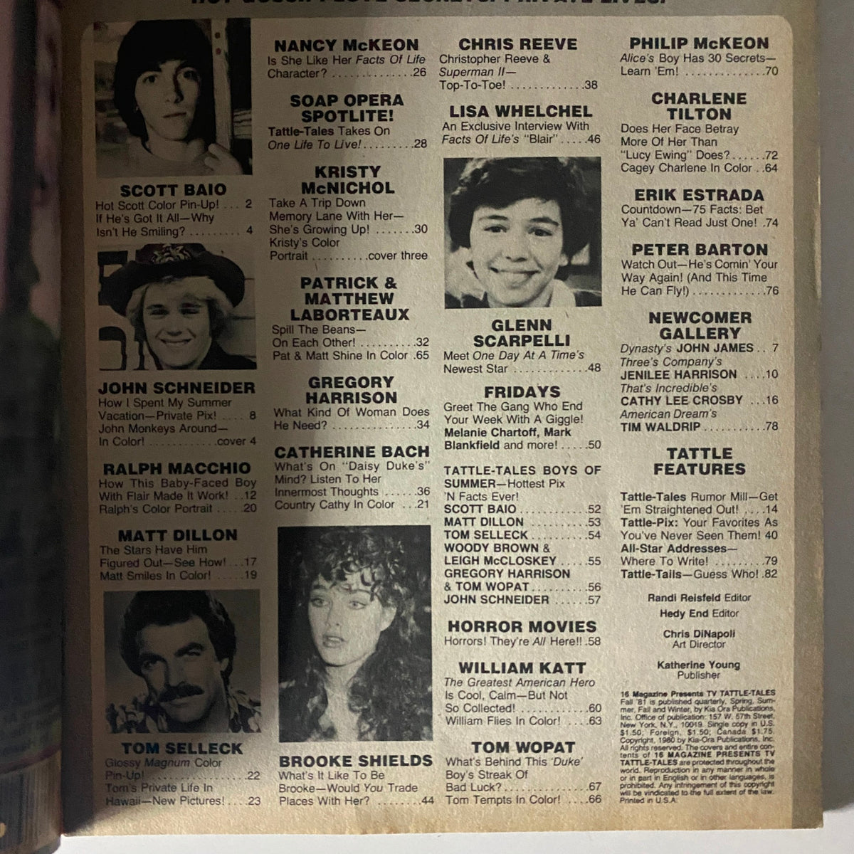 Inside page of 16 Magazine TV & Movie Tattle-Tales Fall 1981 detailing features, articles, and celebrities including John Schneider, Scott Baio, and Ralph Macchio.