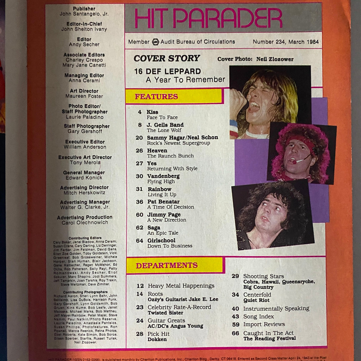 Hit Parader Magazine March 1984 cover featuring Def Leppard's Joe Elliott and other prominent rock artists. Highlights the magazine's cover story, features, and departments related to the vibrant music scene of the 1980s.