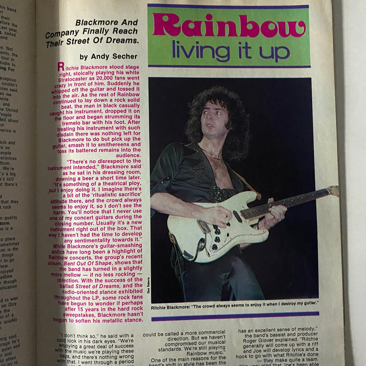 Inside spread of Hit Parader Magazine March 1984, showcasing an article on Rainbow and their lead guitarist Richie Blackmore. Highlights the band's performance and musical journey during this iconic period.
