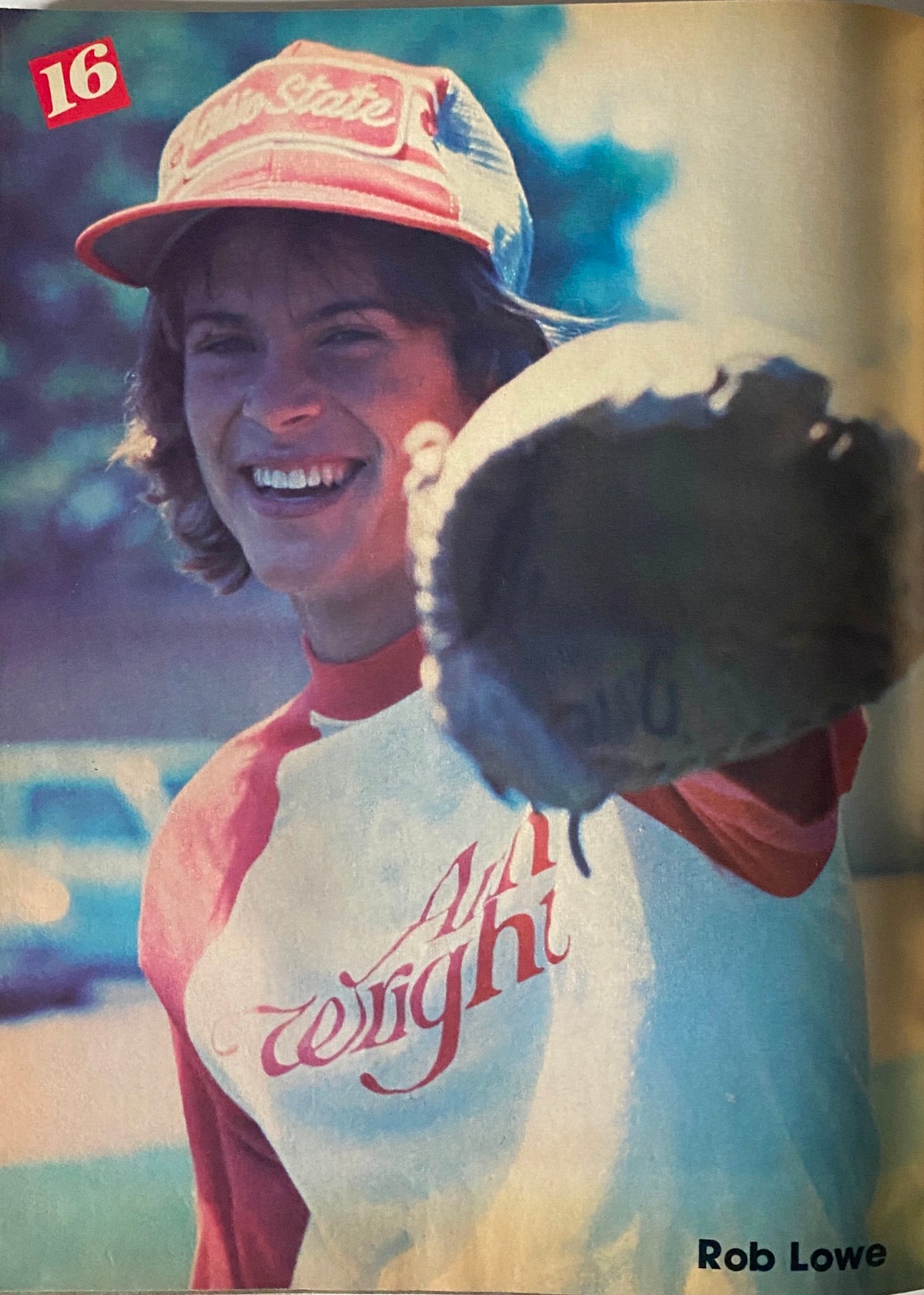 Rob Lowe on the cover of 16 Magazine, smiling and holding a baseball glove, representing the youthful spirit of the 1980s.