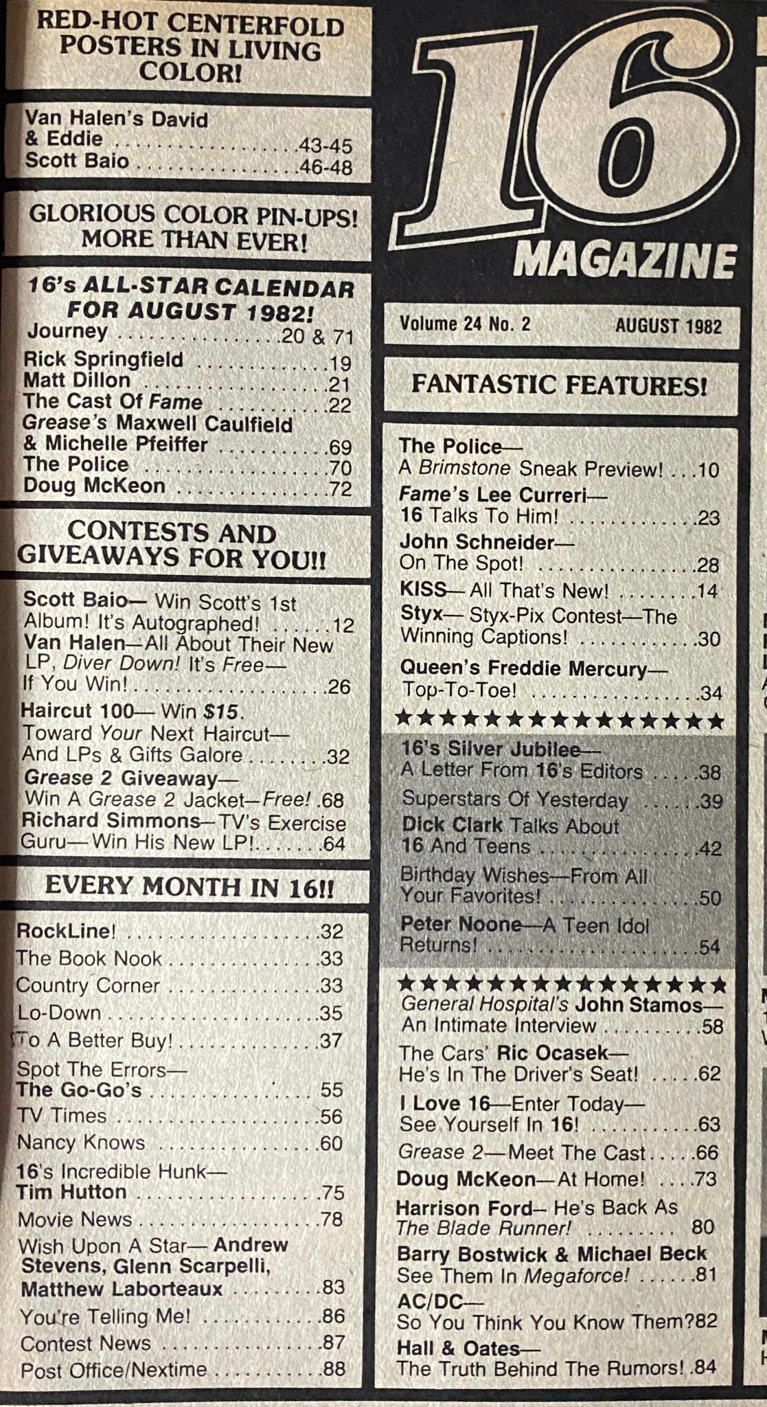Content page of 16 Magazine August 1982 showcasing featured celebrities like Scott Baio and Van Halen with contests and giveaways.