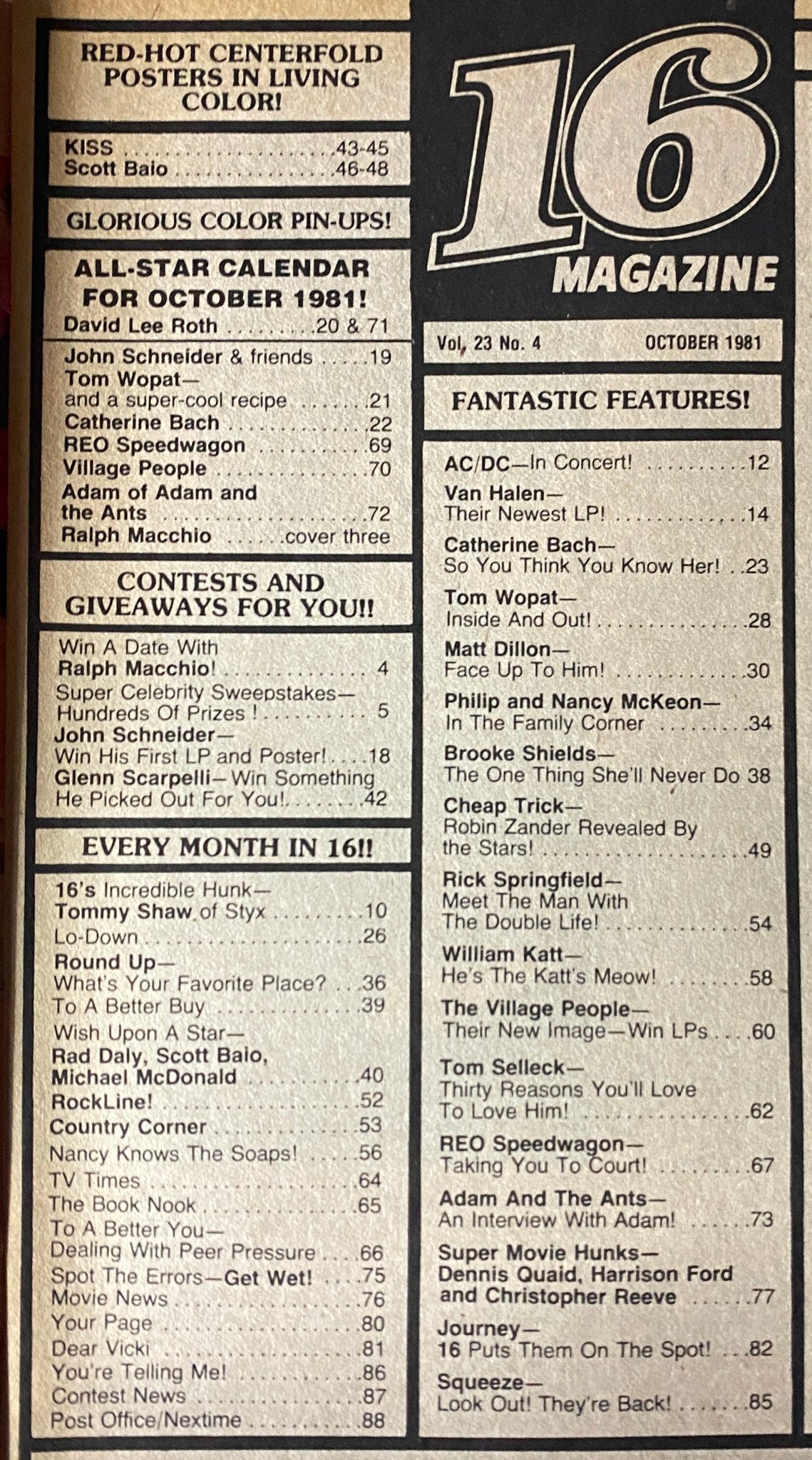 Table of contents from the October 1981 issue of 16 Magazine featuring John Schneider and Catherine Bach with details on popular celebrities, calendar events, contests, and feature articles.