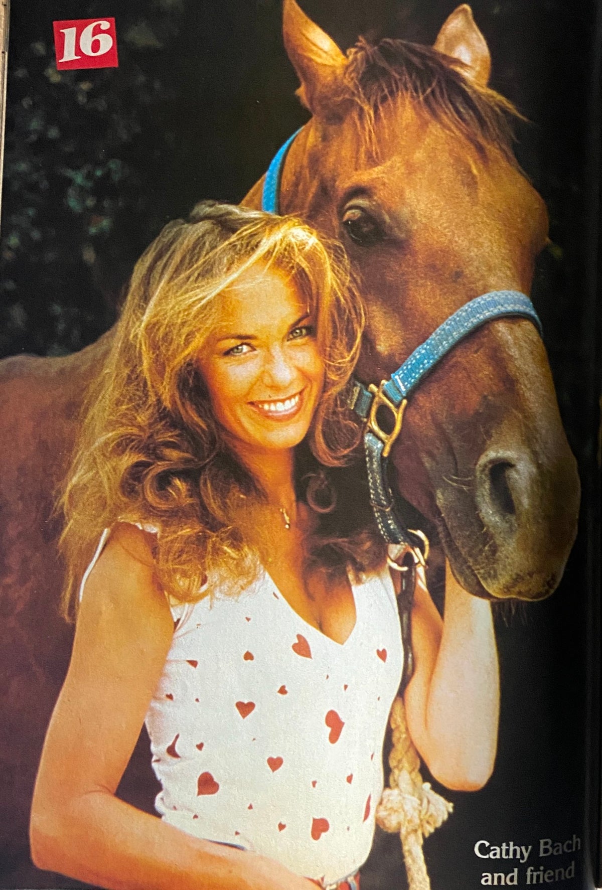 Catherine Bach posing with a horse in a heart-patterned top featured in the October 1981 issue of 16 Magazine, showcasing her charm and connection with animals.