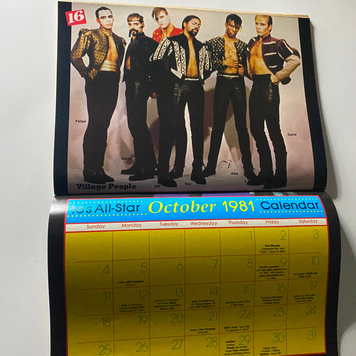 Image of the Village People from October 1981 issue of 16 Magazine, highlighting the iconic group along with an All-Star calendar for the month.