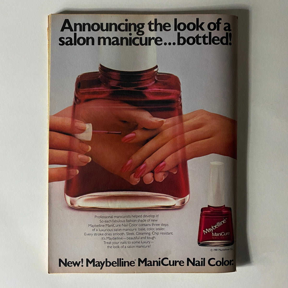 Vintage advertisement for Maybelline ManiCure Nail Color featured in the October 1981 issue of 16 Magazine, showcasing salon-quality nails at home.