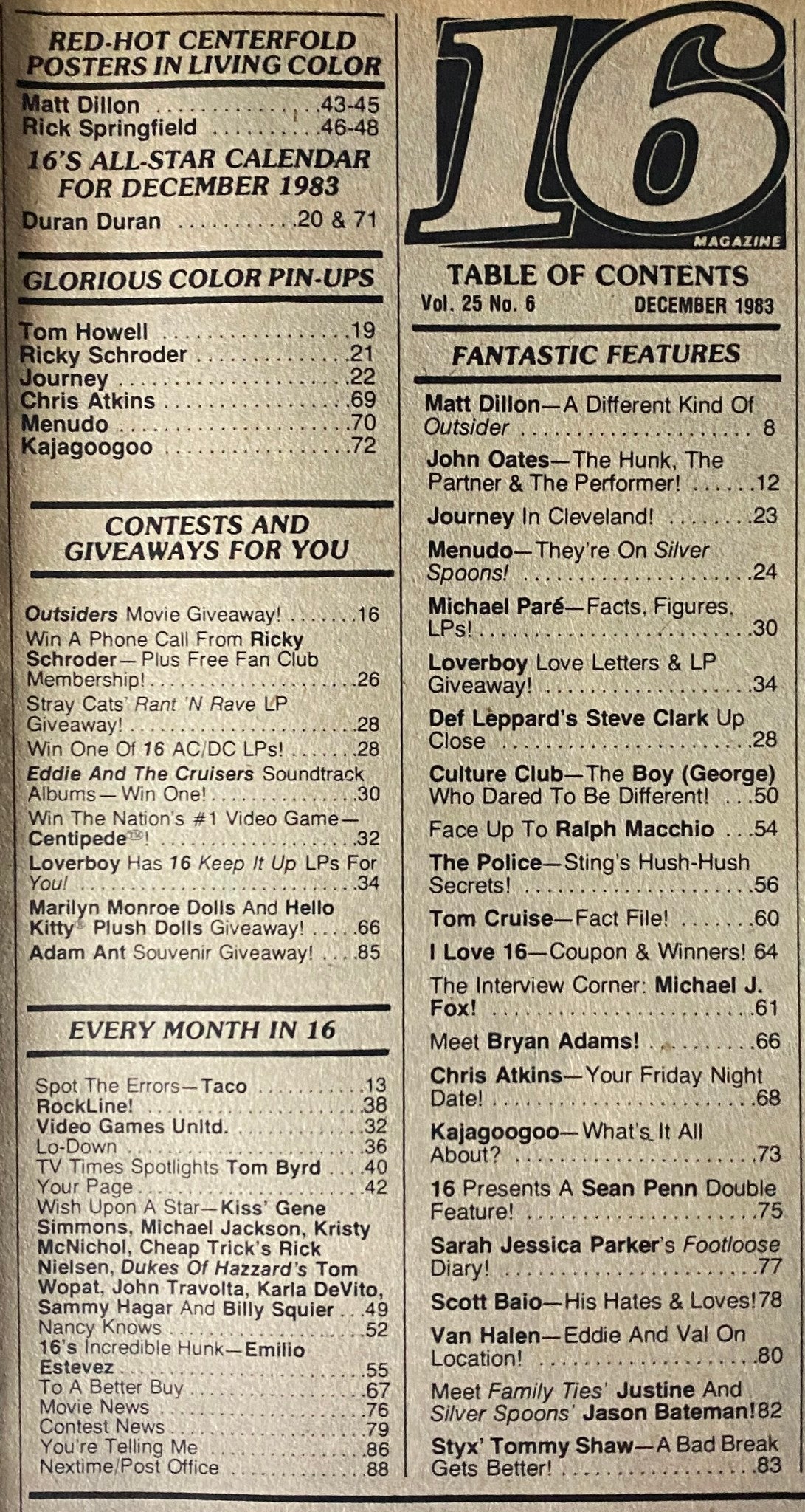 Table of contents from 16 Magazine December 1983, listing articles and features including exclusive content on Duran Duran, Matt Dillon, and giveaways for fans.