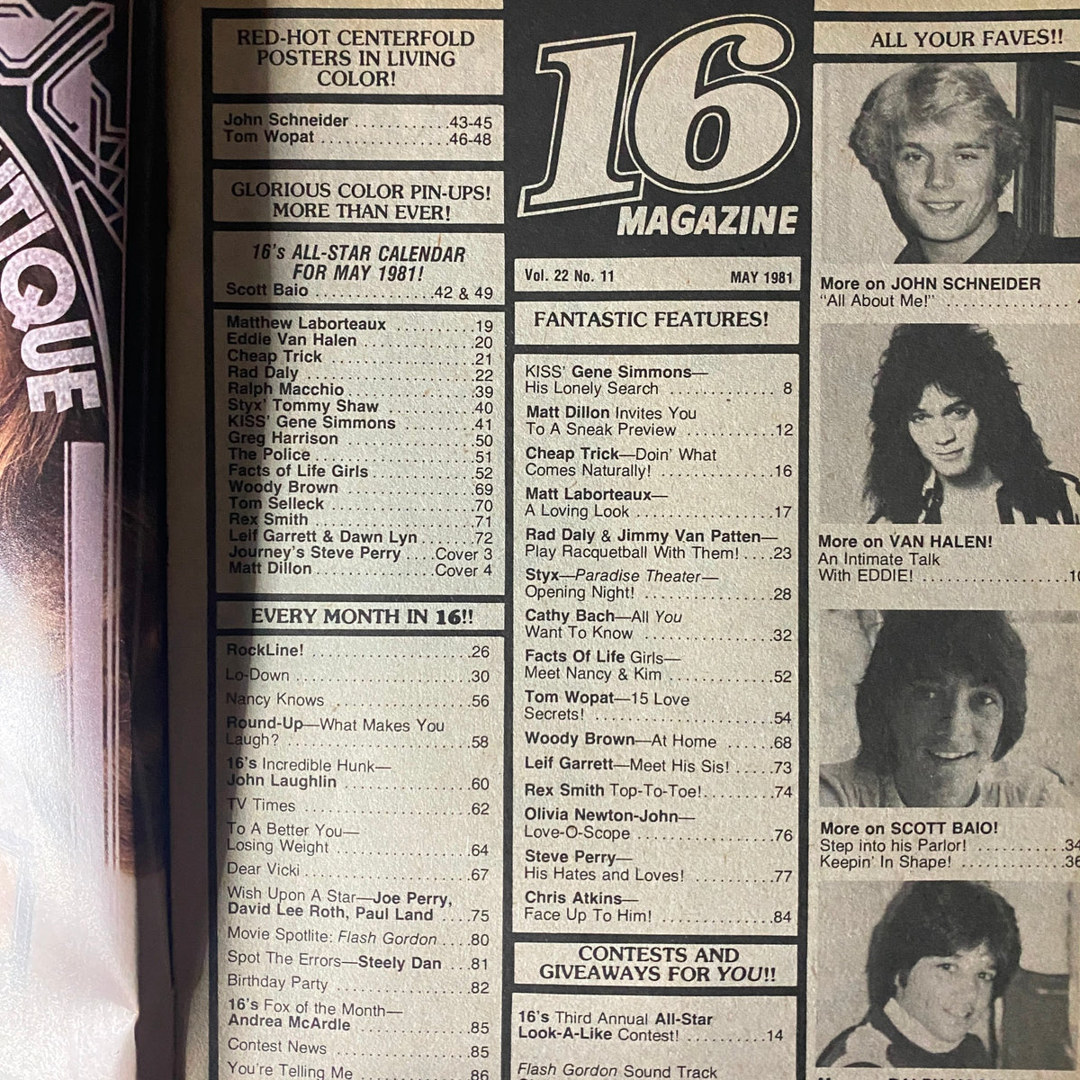 16 Magazine May 1981 Table of Contents featuring John Schneider, Scott Baio, and Gene Simmons with highlights of fantastic features and posters.