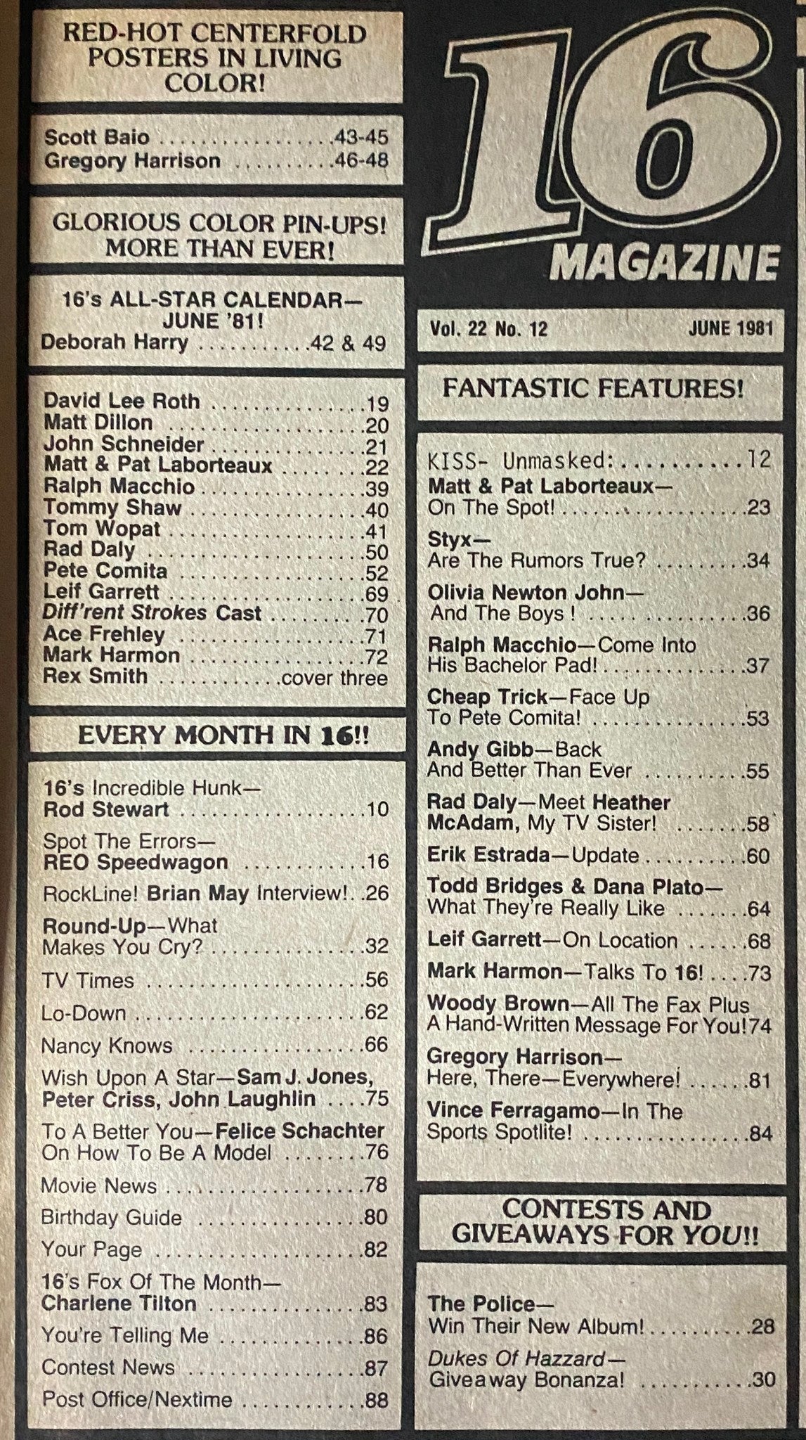 Inside page of 16 Magazine June 1981 showcasing contents including red-hot centerfold posters featuring Scott Baio and Gregory Harrison, capturing early 80s pop culture.