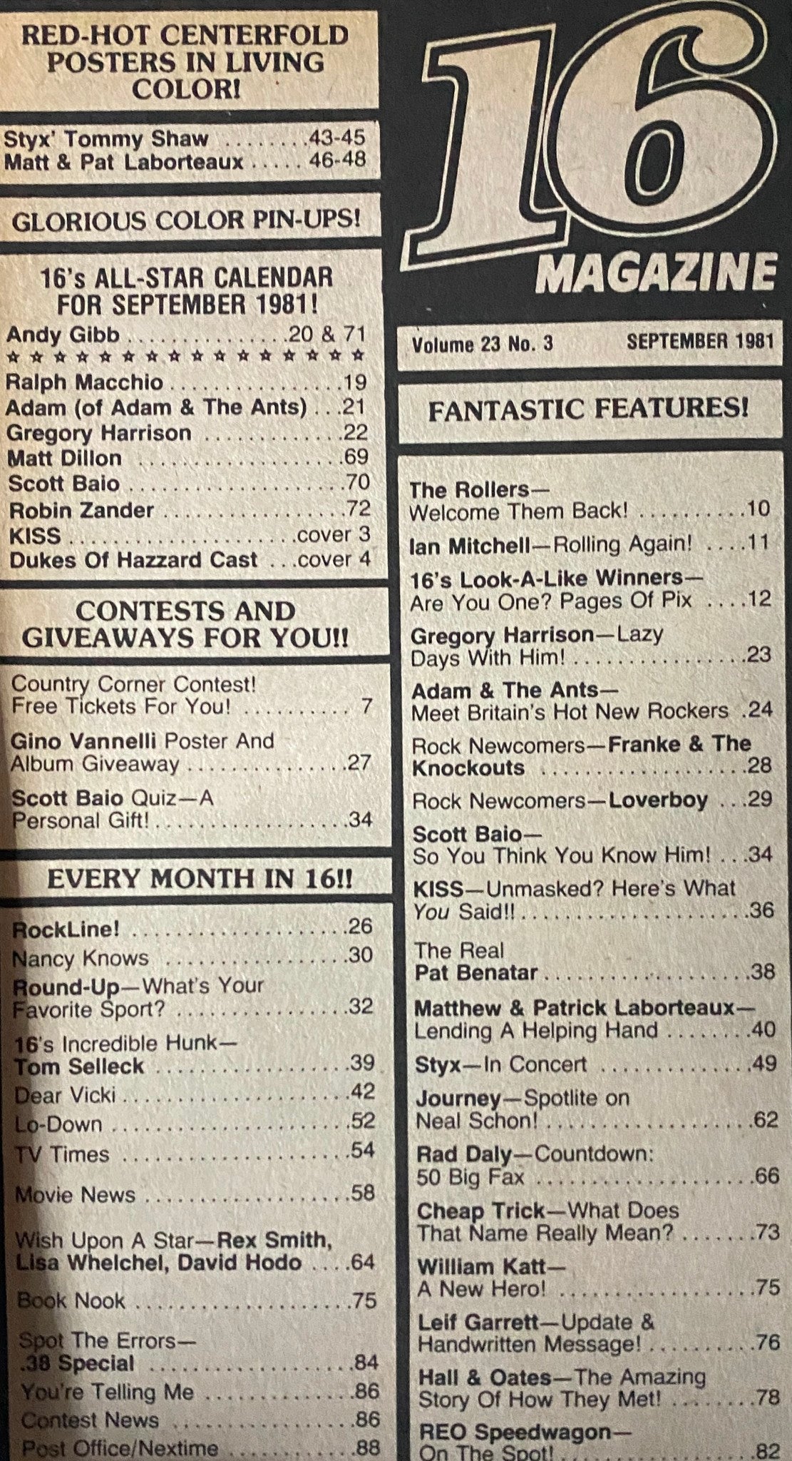 Table of contents from 16 Magazine September 1981, listing featured articles and centerfolds, including Tommy Shaw from Styx and pop culture insights from the era.