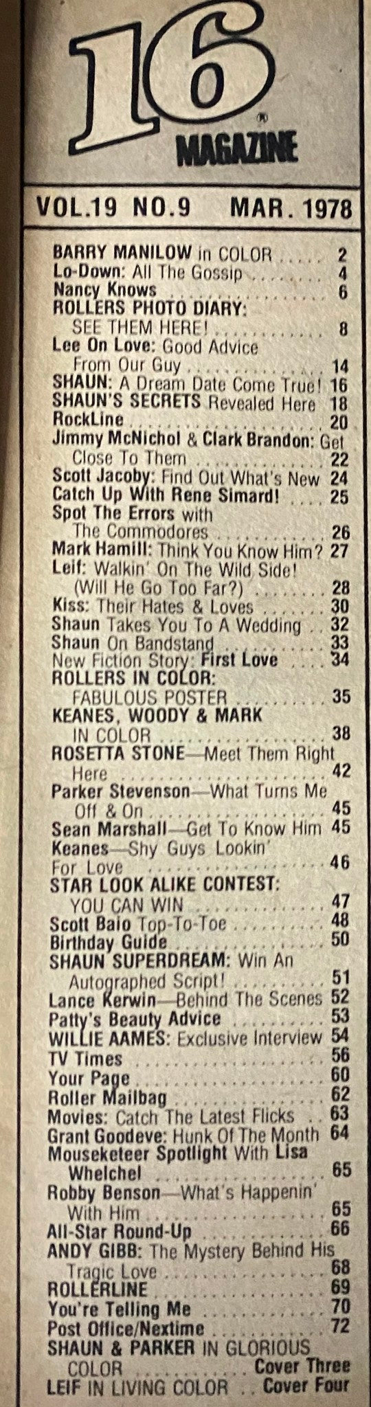 Table of contents from 16 Magazine March 1978, listing articles and features, including celebrity gossip and photo diaries.