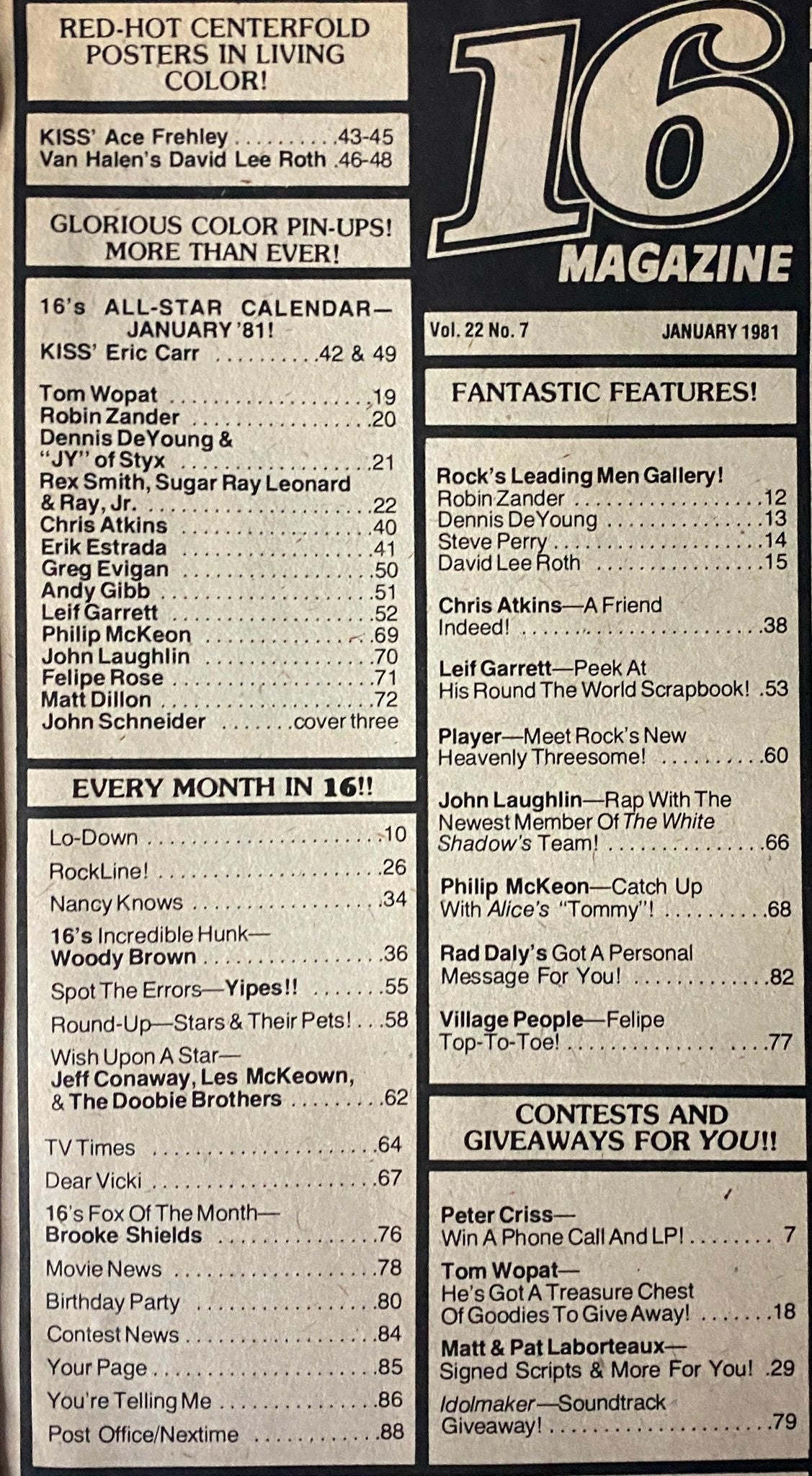 Contents page of 16 Magazine, January 1981, listing features and centerfold posters, highlighting popular artists like Robin Zander and Ace Frehley.