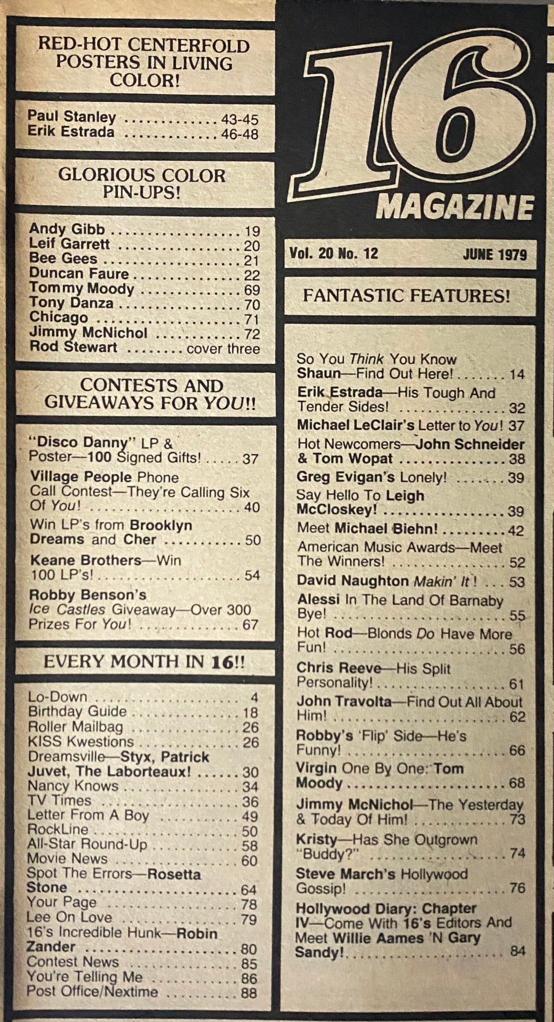 Table of contents from 16 Magazine June 1979, listing features, centerfold posters and contests, reflecting the magazine's appeal to young readers.