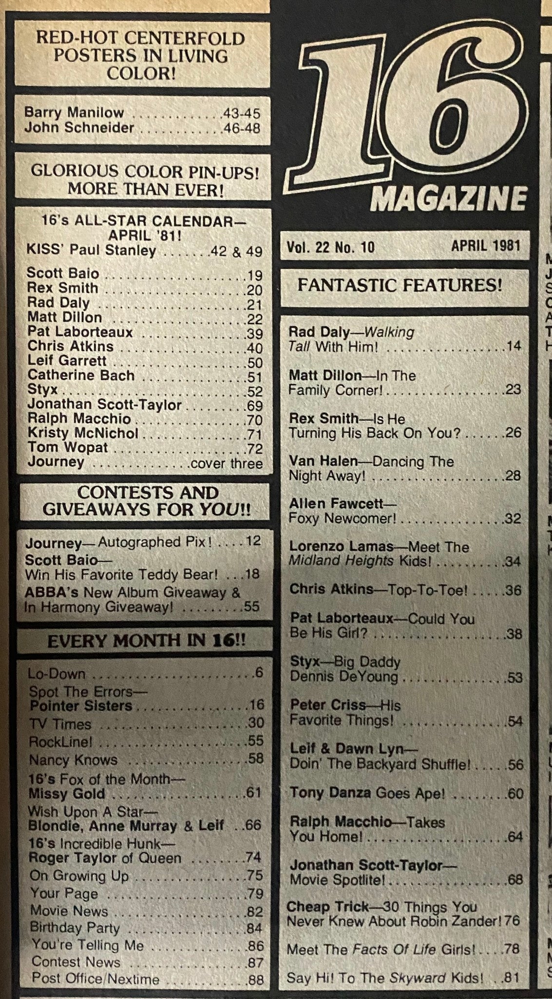 Table of contents from 16 Magazine April 1981 featuring listings of celebrities like Barry Manilow, John Schneider, and contest details.