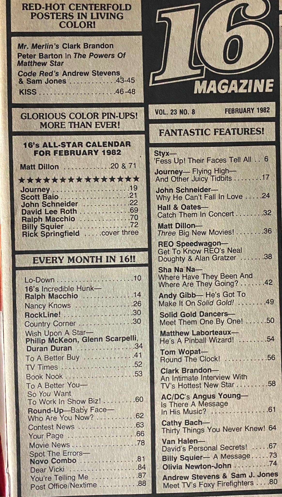 Table of contents of 16 Magazine February 1982 highlighting exclusive features and popular stars of the era like Scott Baio and John Schneider.