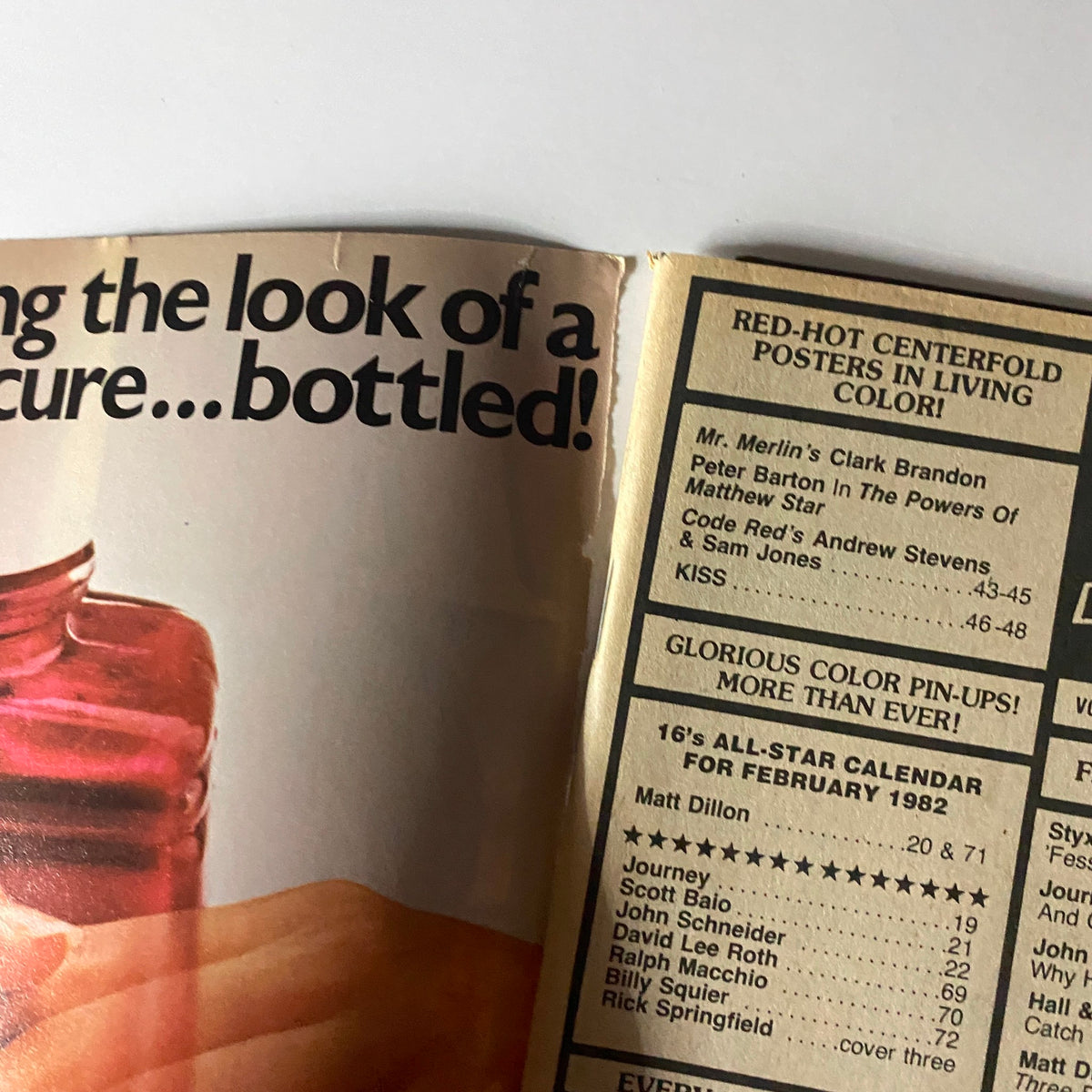 Inner page of 16 Magazine February 1982 showing colorful pin-ups and centerfold posters including mentions of Matt Dillon and Scott Baio.