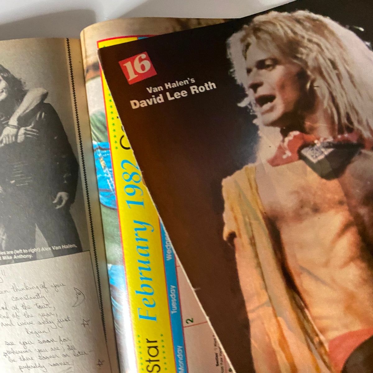 16 Magazine February 1982 showing David Lee Roth of Van Halen in concert, highlighting his flamboyant clothing and stage presence