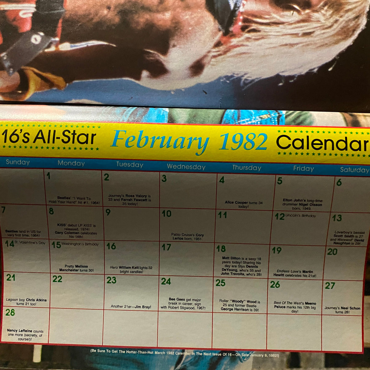 16 Magazine February 1982 calendar page displaying events and notable birthdays from February 1982, featuring vibrant colors and entertainment highlights
