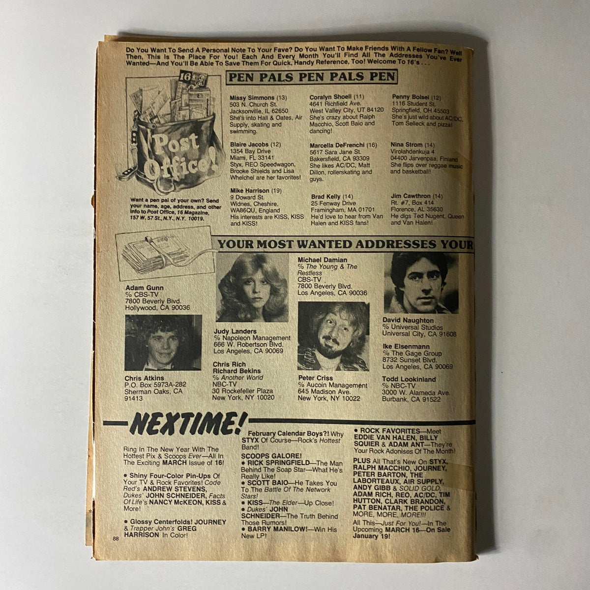16 Magazine February 1982 showcasing pen pal opportunities and celebrity addresses from the magazine, designed for fan interaction and engagement