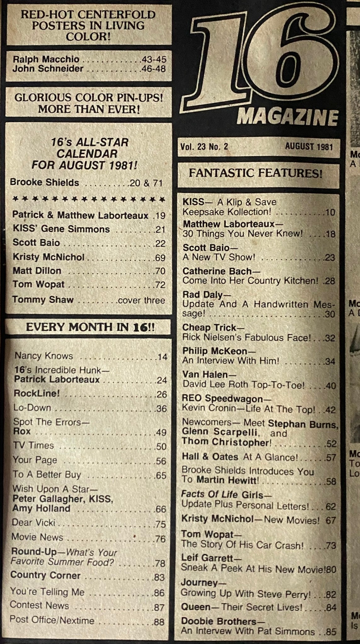 Table of contents page from 16 Magazine August 1981, showcasing featured articles, celebrity pin-ups, and calendar highlights.