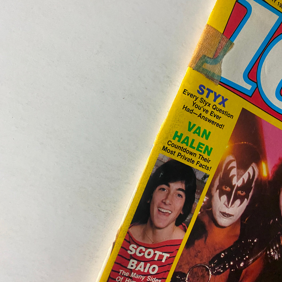Close-up of 16 Magazine January 1982 cover highlighting Scott Baio and KISS, emphasizing details of the magazine's vintage design.
