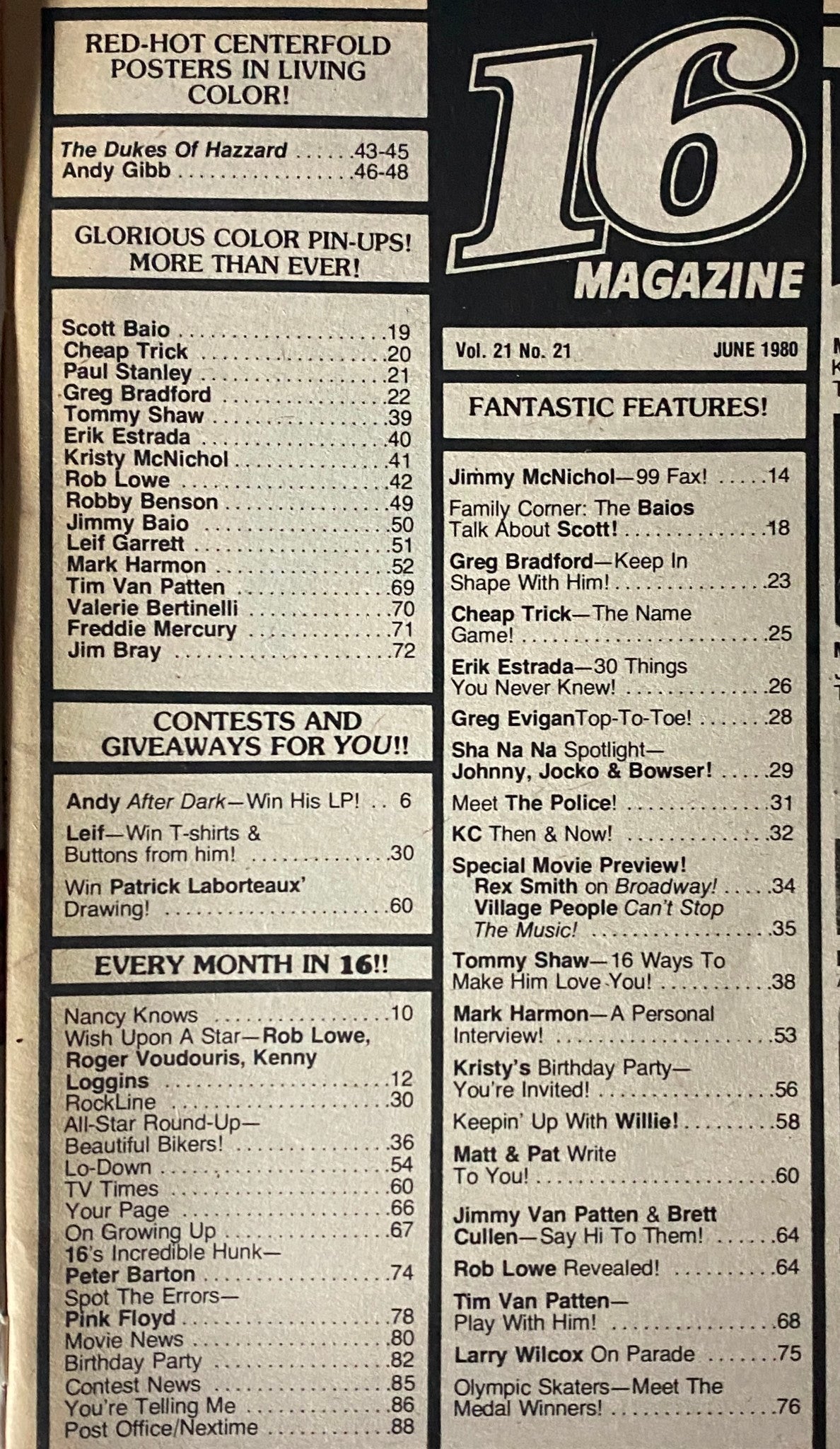 Inside pages of 16 Magazine June 1980 displaying posters, interviews, and a contents list highlighting celebrity features and contests.