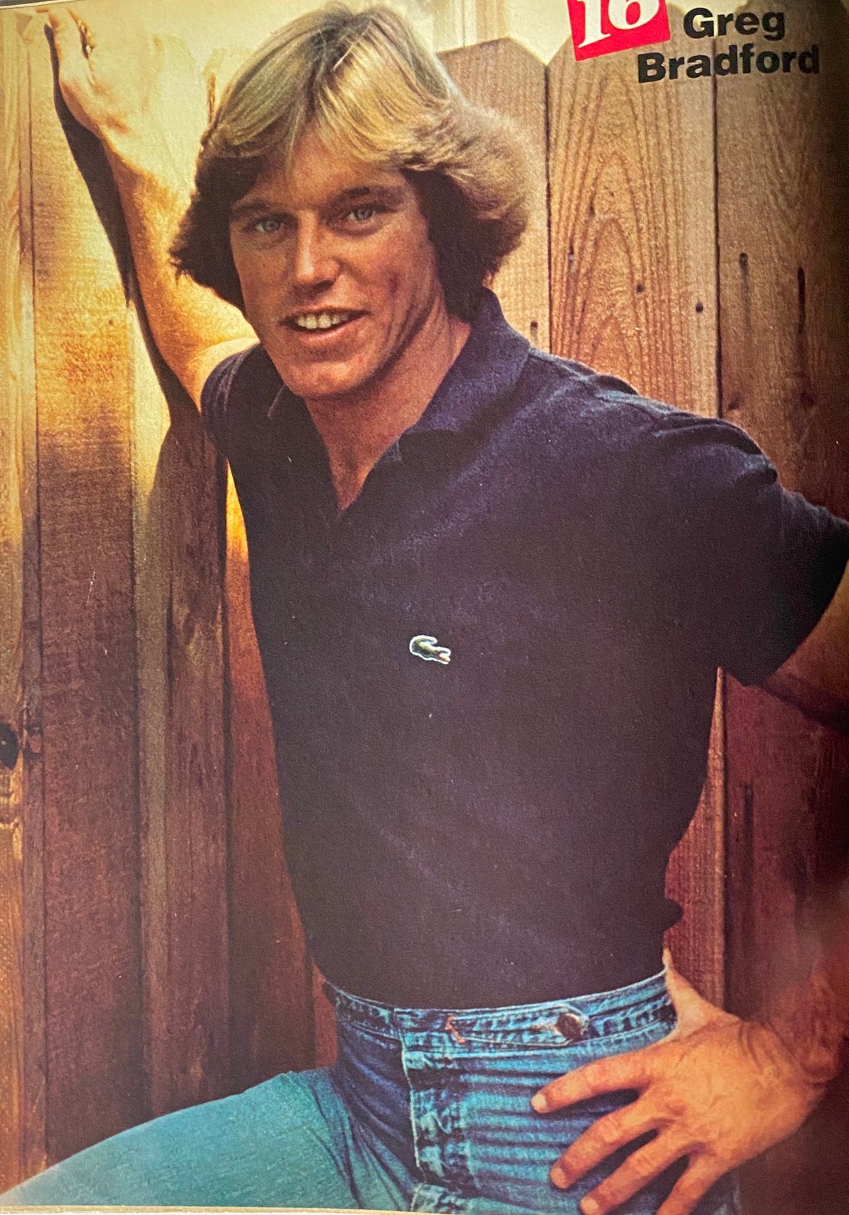 16 Magazine June 1980 featuring Greg Bradford posing against a wooden fence, showcasing a classic 1980s hairstyle and fashion.