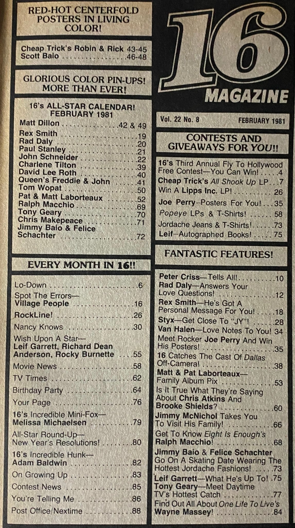 Inside pages of 16 Magazine from February 1981, highlighting celebrity features, color pin-ups, and the magazine's nostalgic content.