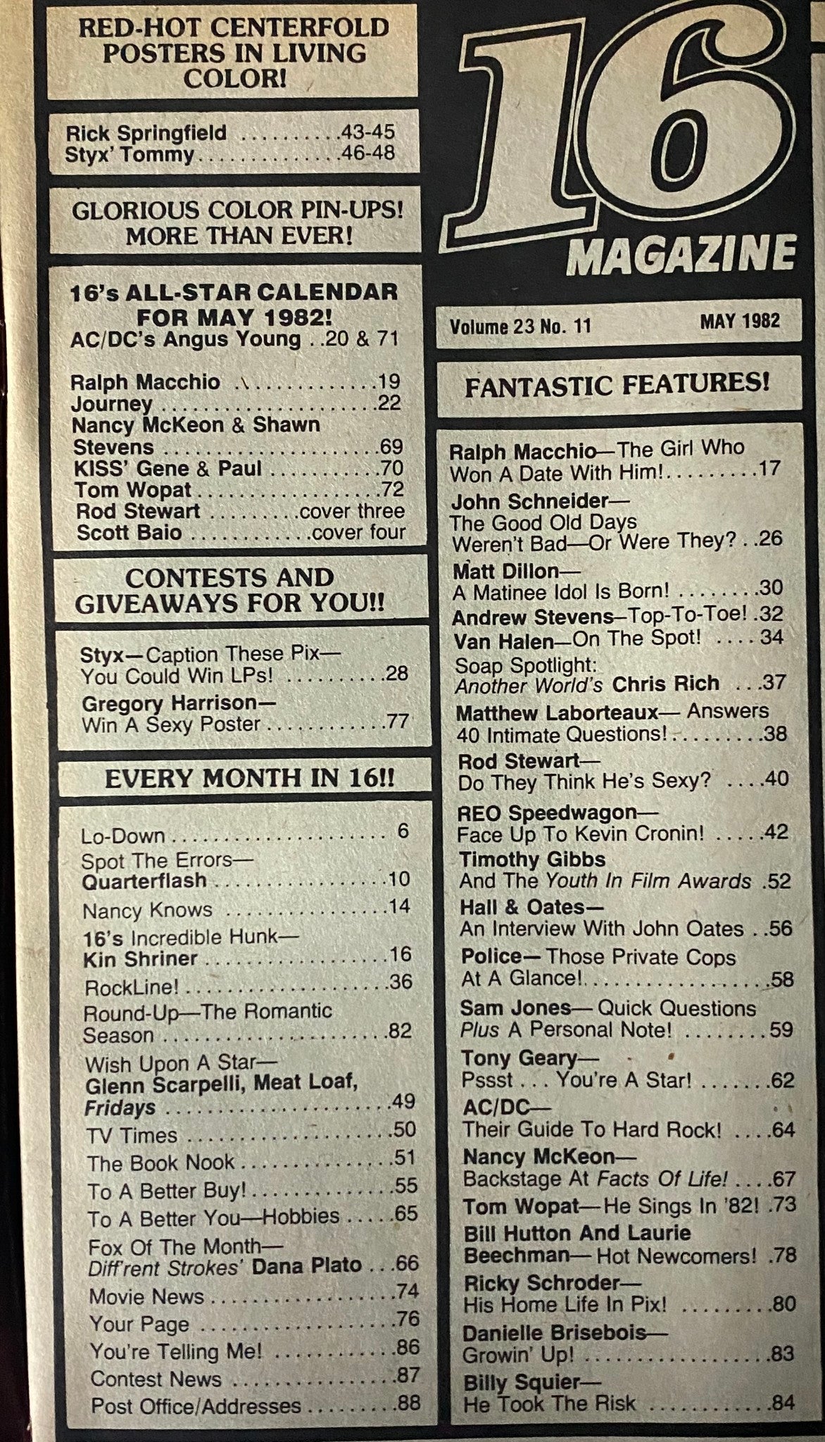 Inside pages of 16 Magazine May 1982, highlighting celebrity features, contests, and exclusive pin-ups reflective of the era.