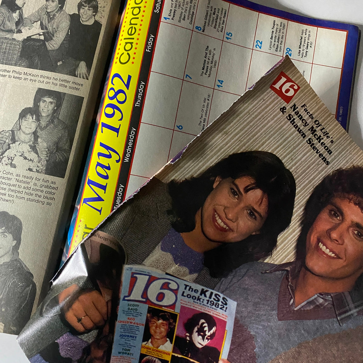 Torn pages from 16 Magazine May 1982 including a calendar and celebrity feature with Nancy McKeon and Shawn Stevens.