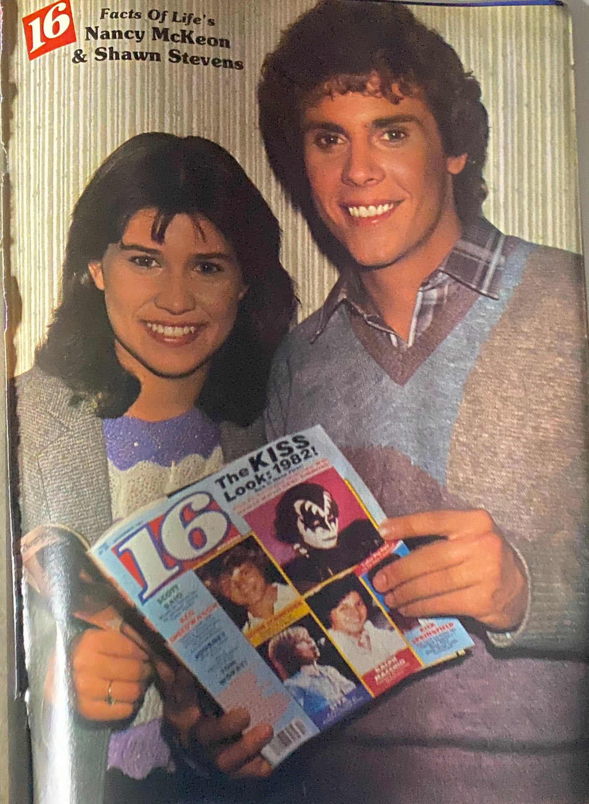 Close-up of Nancy McKeon and Shawn Stevens featured in 16 Magazine May 1982, holding the magazine.