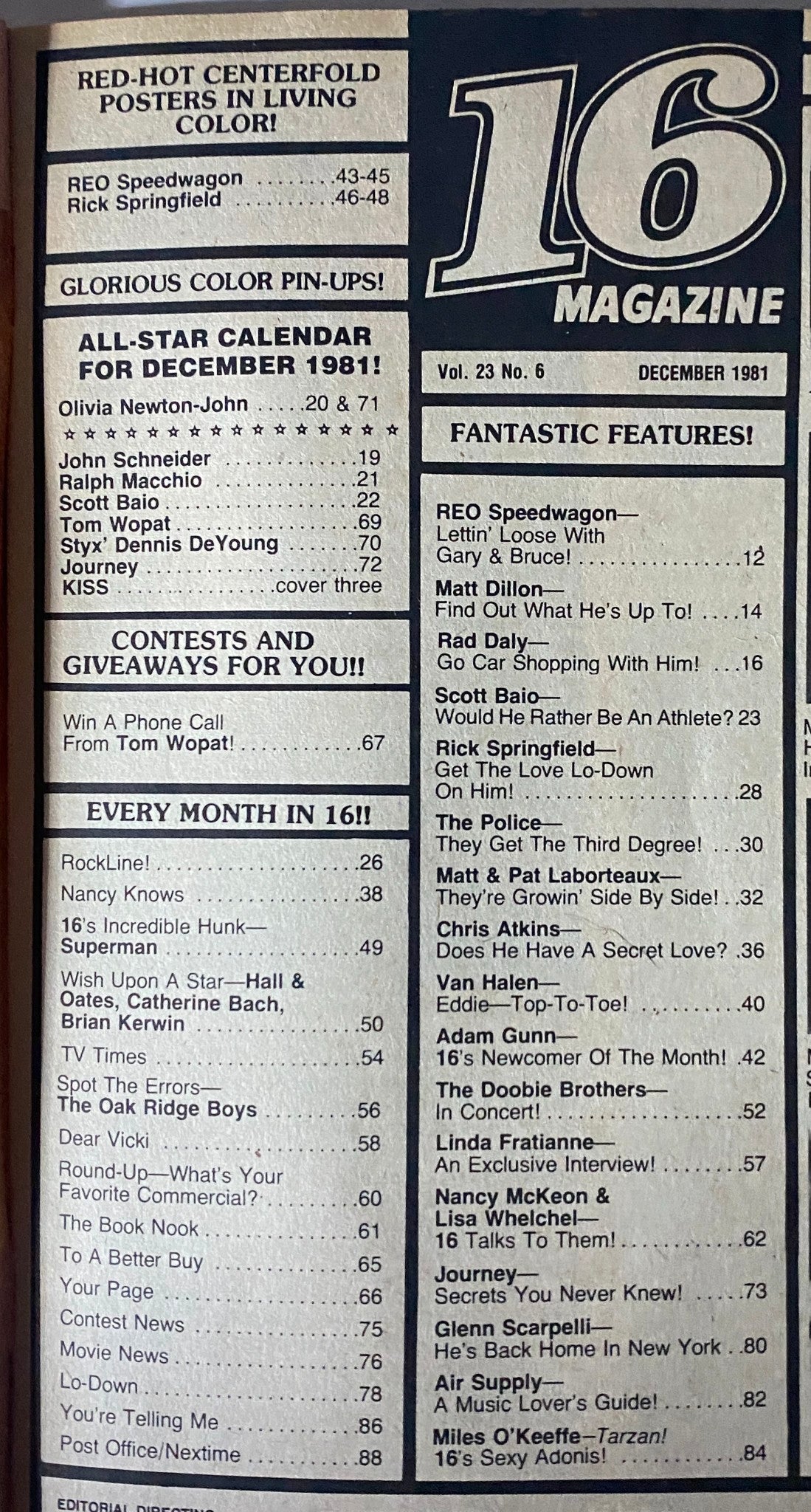 Inside page of 16 Magazine December 1981 showcasing the All-Star Calendar and contests, featuring celebrities like Scott Baio and REO Speedwagon.