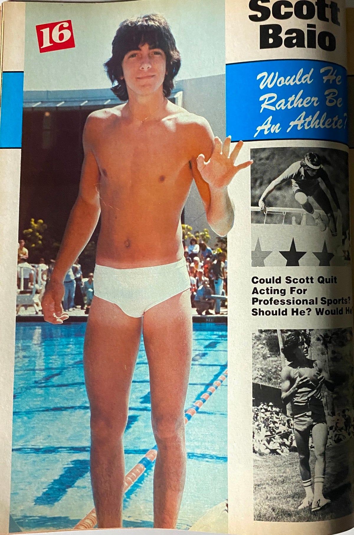 Feature article in 16 Magazine December 1981 with Scott Baio promoting the question, 'Would He Rather Be An Athlete?' alongside a pool setting.